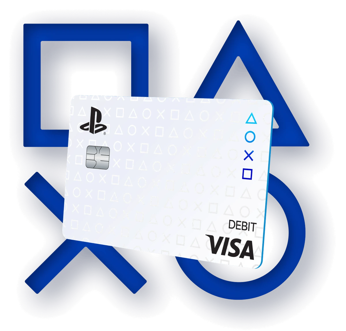 The Playstation Debit Card in front of the iconic playtstation shapes